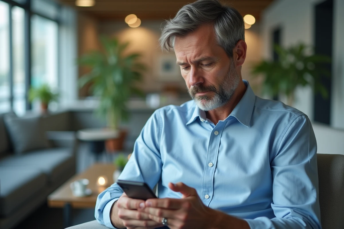 Homme d affaires vérifiant des formulaires sur son smartphone