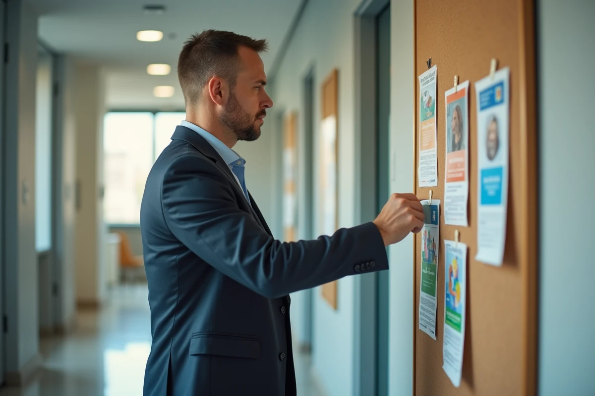 Homme épinglant flyers dans un couloir de bureau lumineux