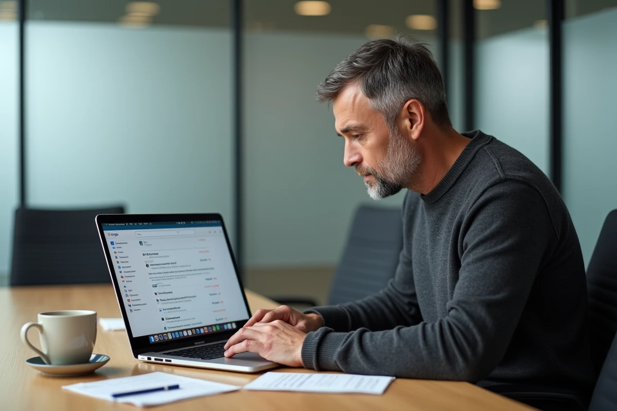 Homme recherchant des messages clés dans une interface de messagerie professionnelle sur ordinateur portable en salle de réunion