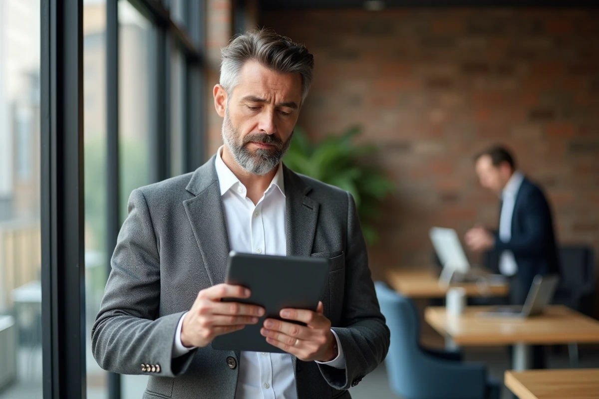 Homme en reconversion consultant un site de statistiques professionnelles sur une tablette dans un espace de coworking moderne