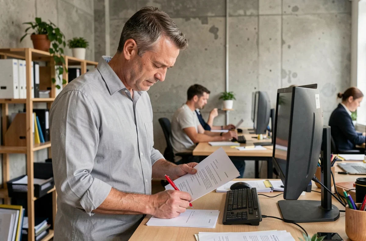 Homme d'affaires relisant un email professionnel imprimé avec un stylo rouge dans un espace de coworking