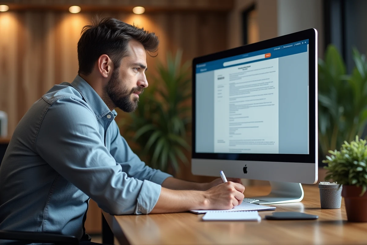 Homme d affaires prenant des notes devant un ordinateur