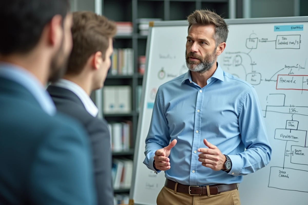Homme expliquant des diagrammes devant un tableau blanc en réunion