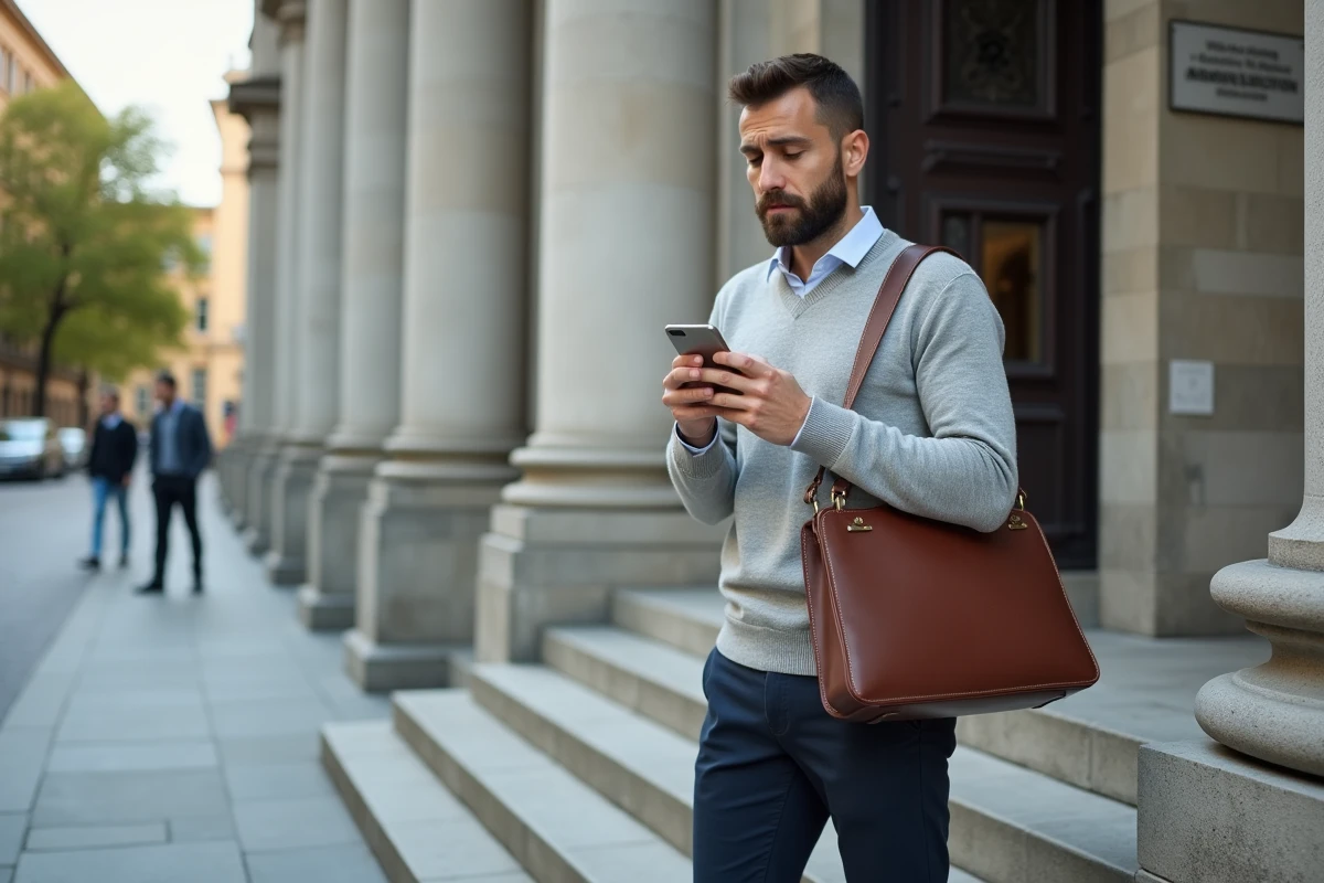 Travailleur indépendant vérifiant son numéro Sirene sur smartphone devant un bâtiment administratif