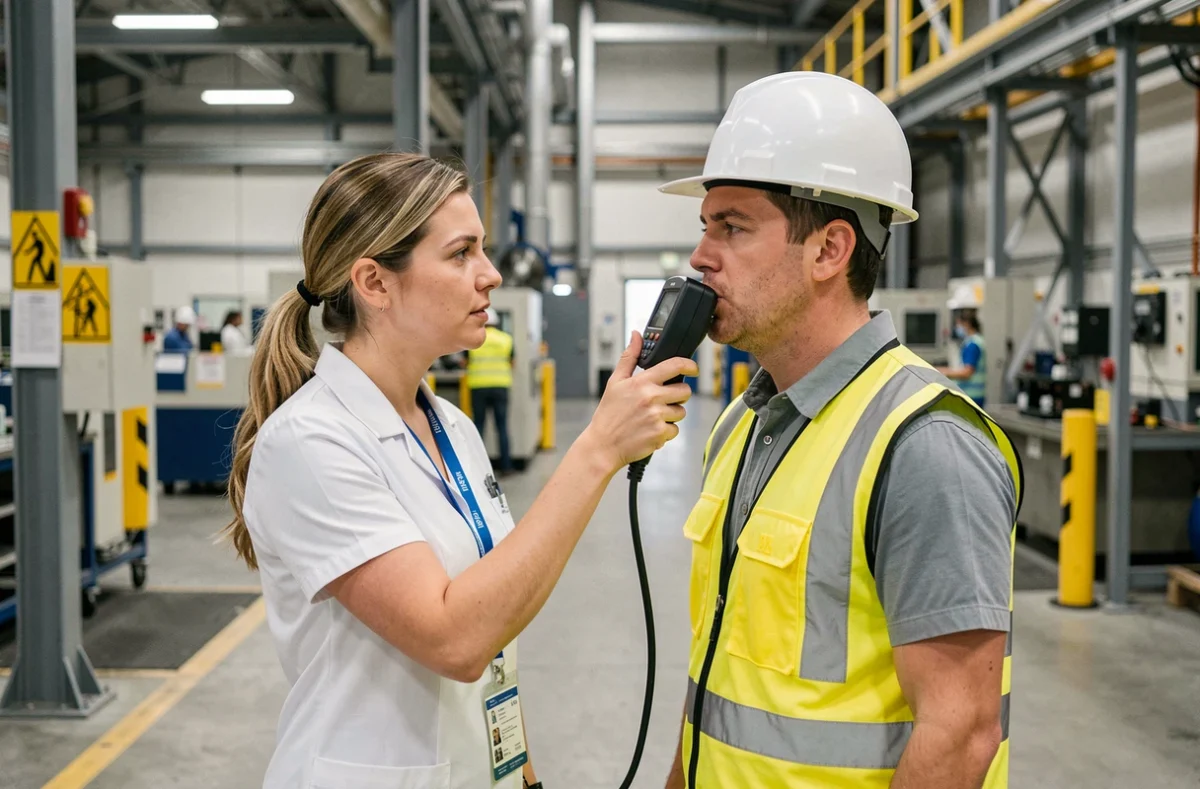 Infirmière du travail faisant passer un test d'alcoolémie à un ouvrier en tenue de sécurité dans un environnement industriel