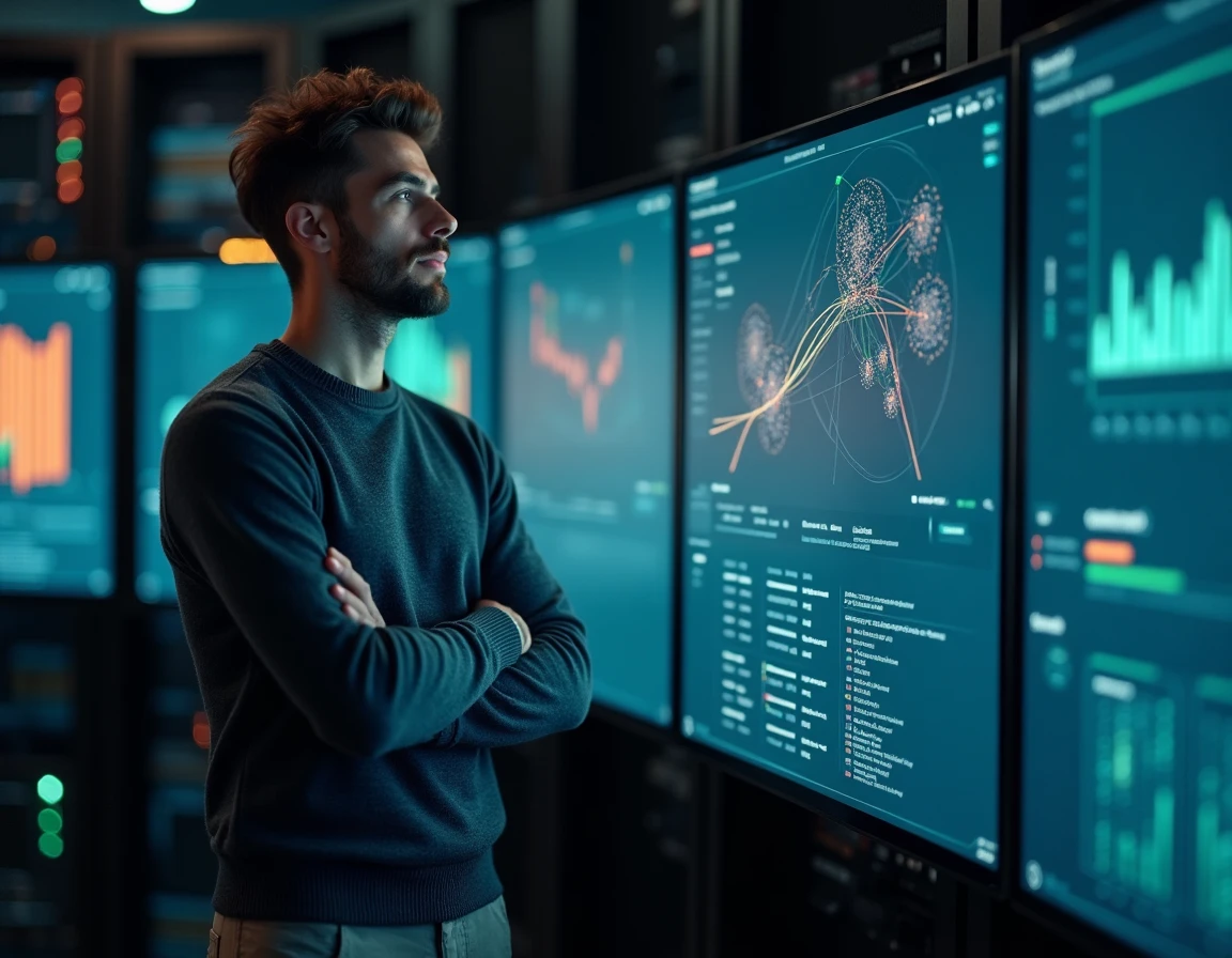 Ingénieur data devant un mur de visualisation de données et graphiques d'intelligence artificielle dans un environnement tech