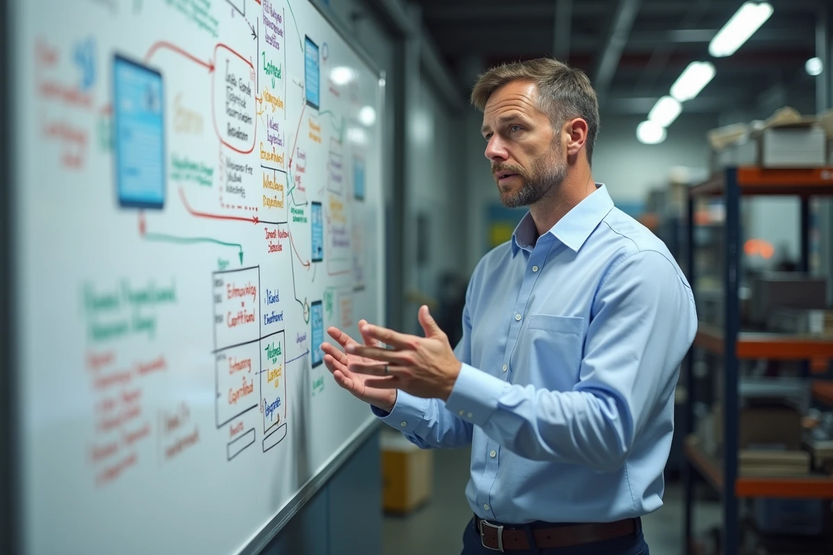 Ingénieur expliquant le diagramme 5M dans un atelier industriel