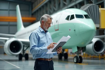 Ingénieur aéronautique examinant les plans d'un fuselage d'avion commercial dans un hangar d'assemblage industriel moderne, transition écologique aviation Boeing Airbus