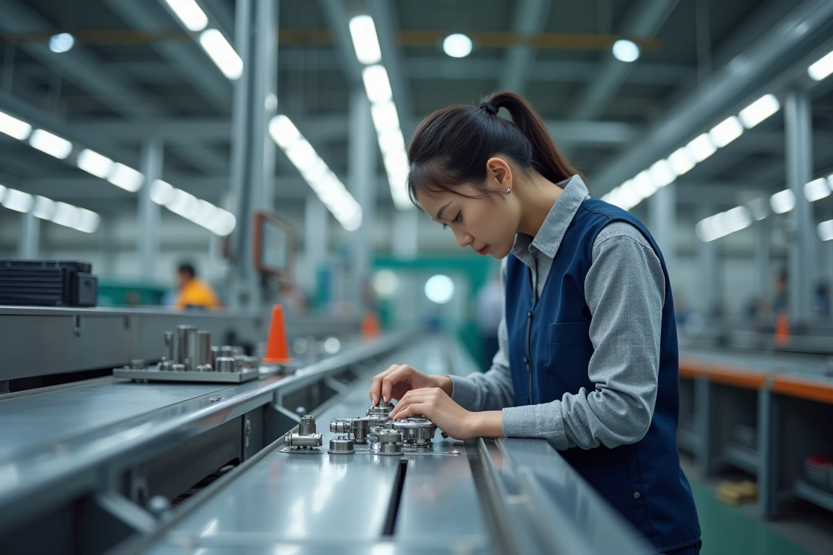 Jeune femme chinoise inspectant des composants métalliques modernes