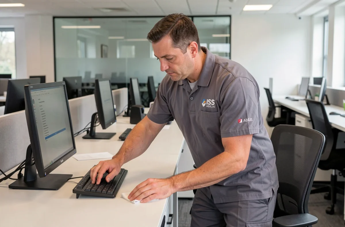 Technicien ISS Abilis France en uniforme gris nettoyant un poste de travail dans un bureau du Grand Est