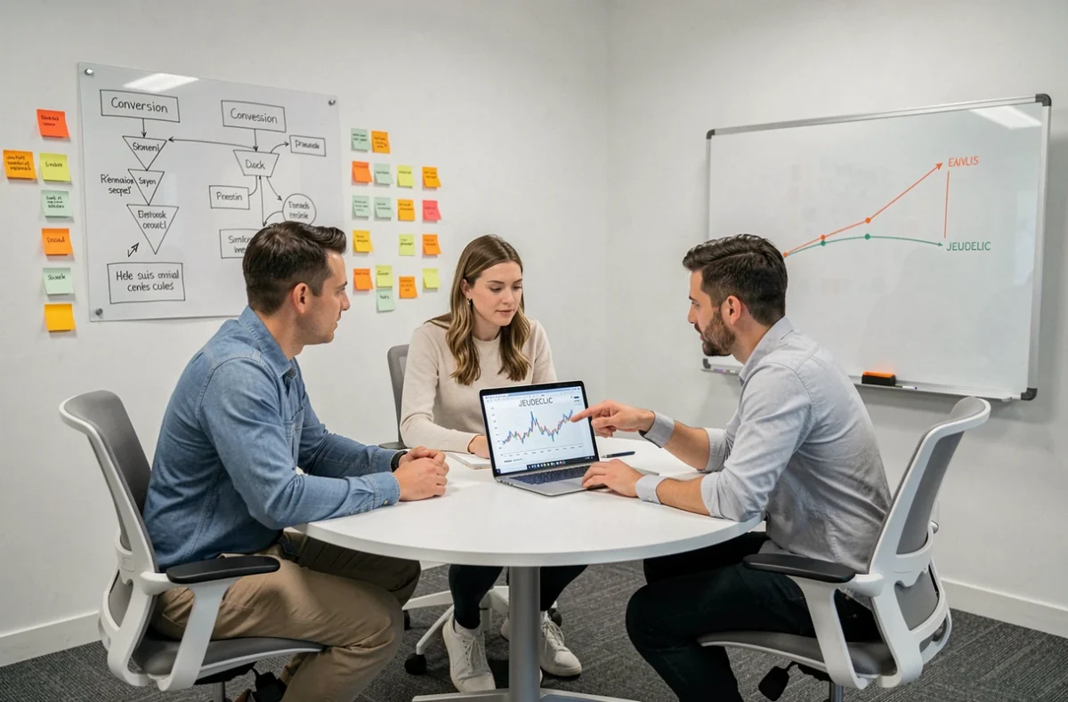 Équipe de JEUDECLIC agence SEO en réunion stratégique autour d'un tableau de taux de clics