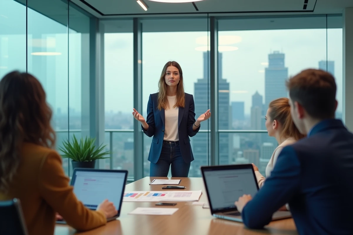 Jeune directrice créative présentant un storyboard en réunion