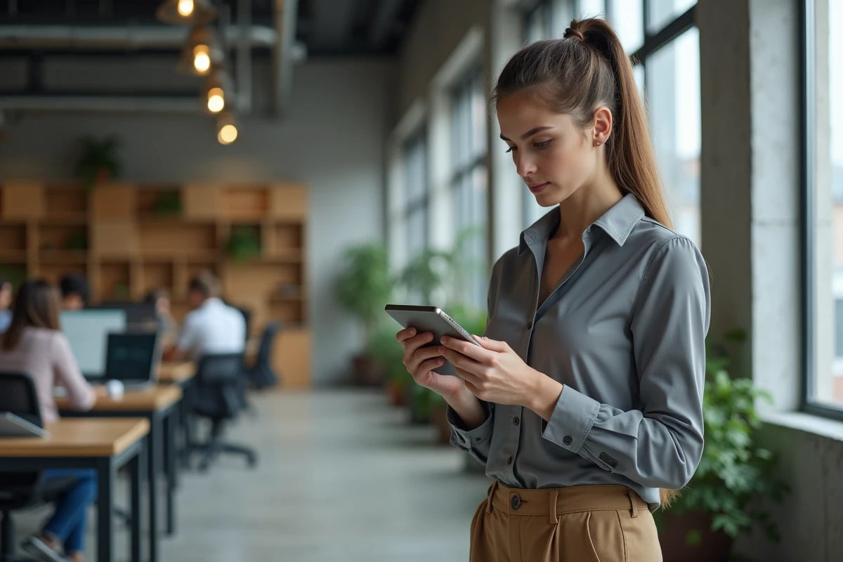 Jeune entrepreneure dans un espace de coworking moderne