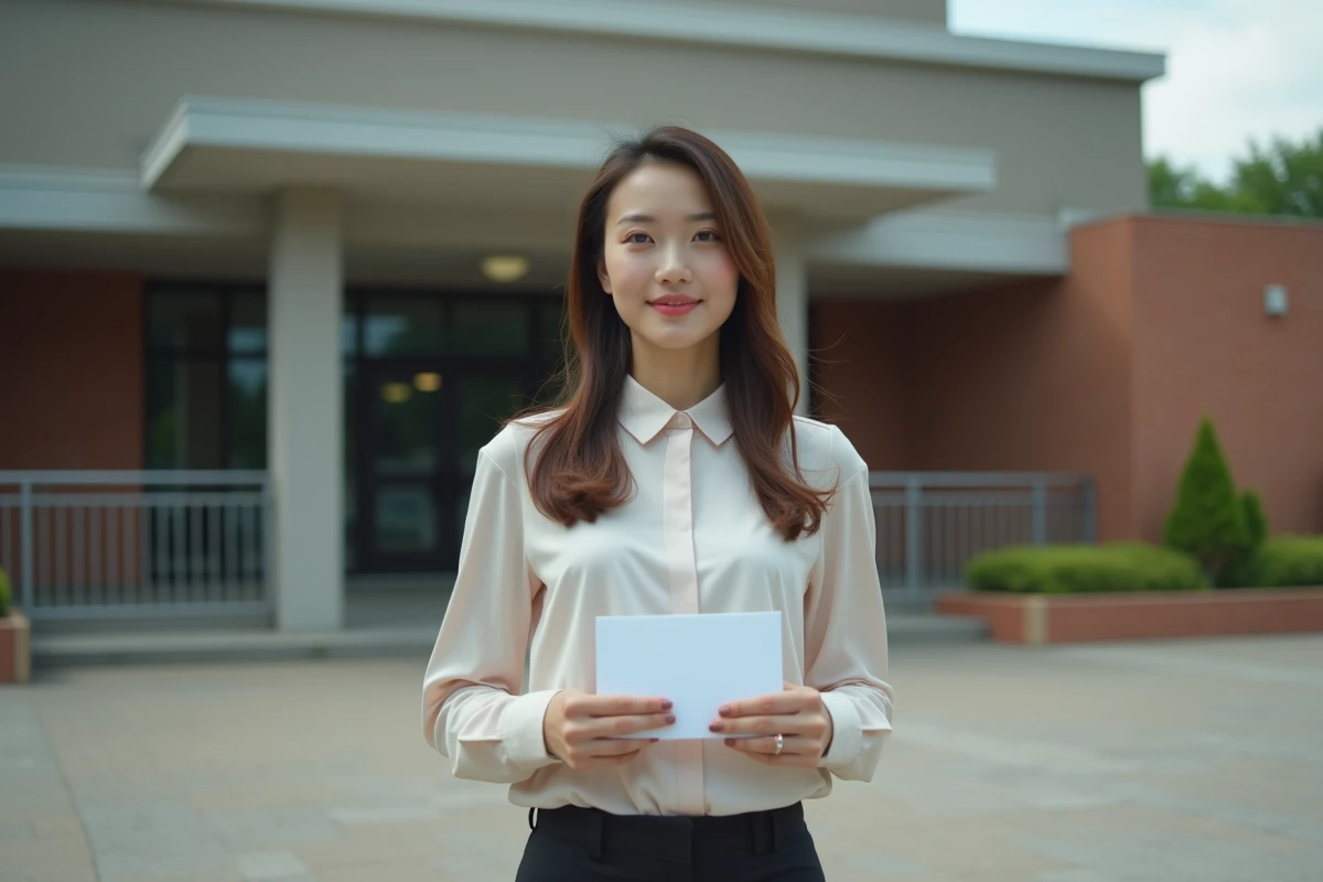 Jeune femme debout devant un bâtiment administratif avec une enveloppe