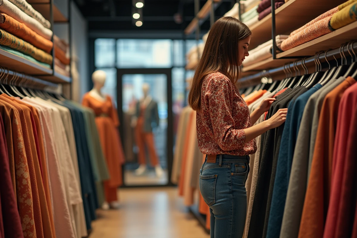 Jeune femme inspectant des tissus dans une boutique moderne