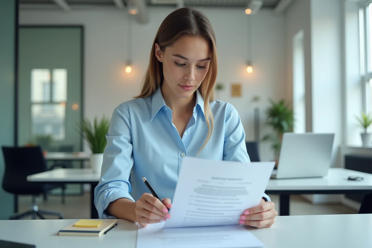 Jeune femme stagiaire lisant attentivement un contrat de stage dans un bureau moderne en 2026