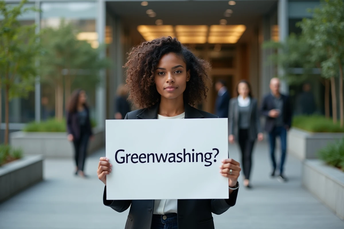 Jeune femme avec pancarte anti-greenwashing devant un bâtiment moderne