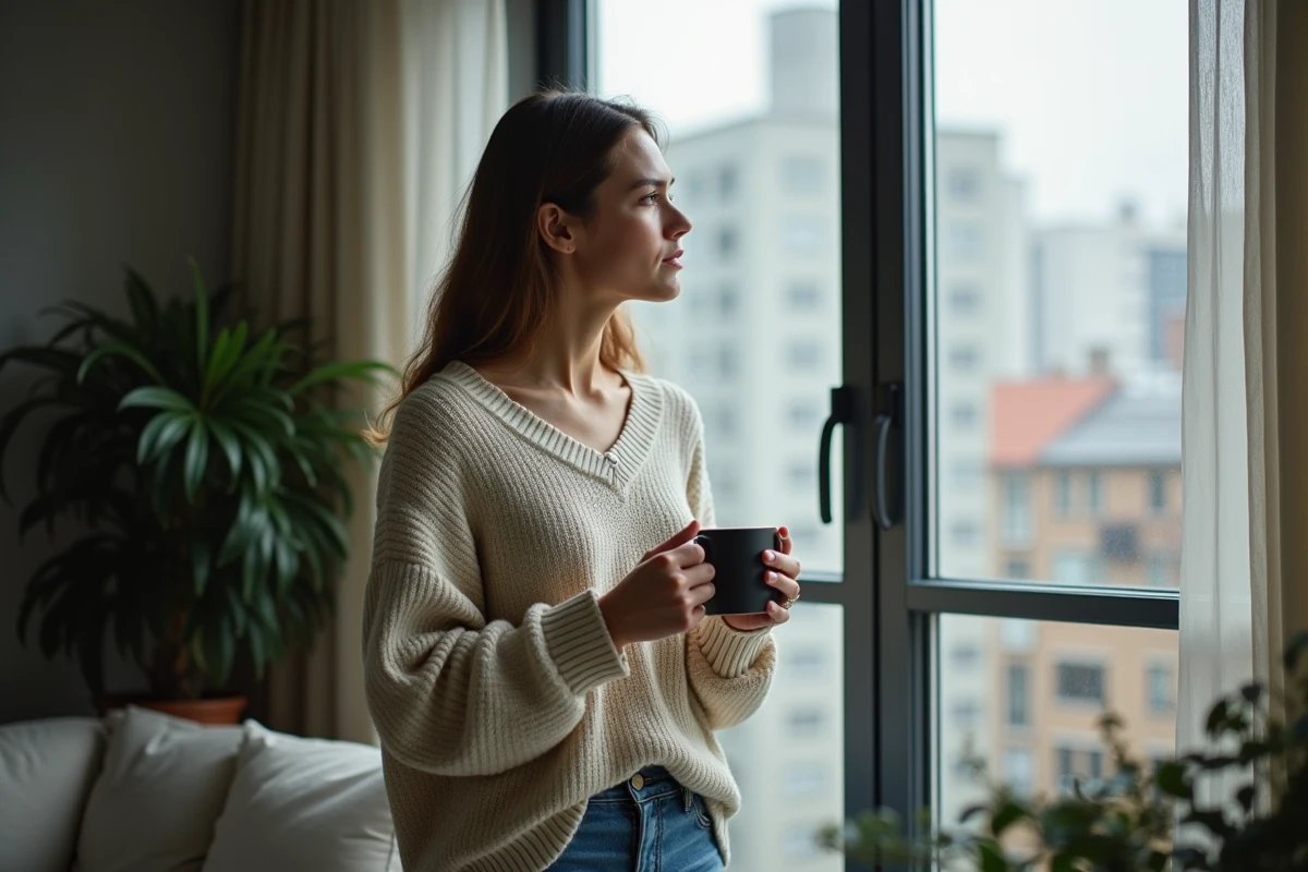 Jeune femme pensive devant une fenêtre tenant une tasse, hésitant à aller au bureau ce matin