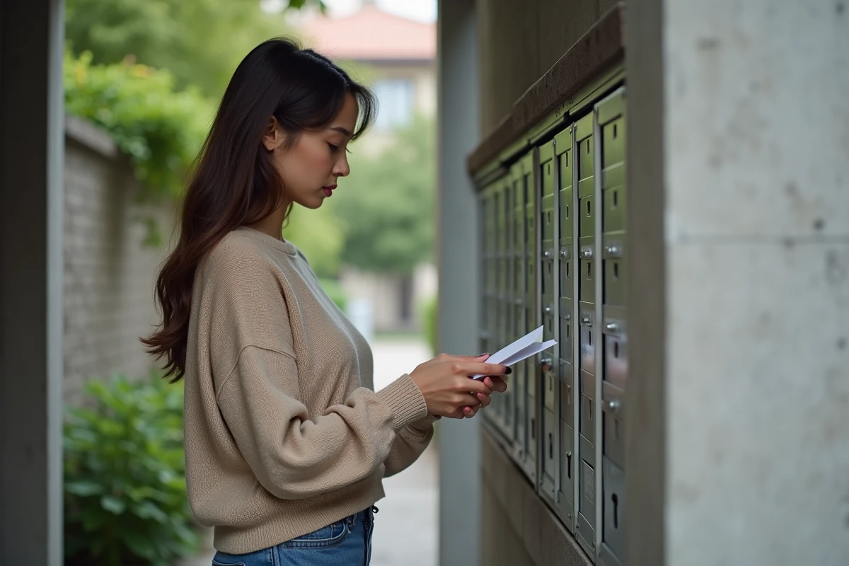 Jeune femme déposant une enveloppe dans une boîte aux lettres extérieure