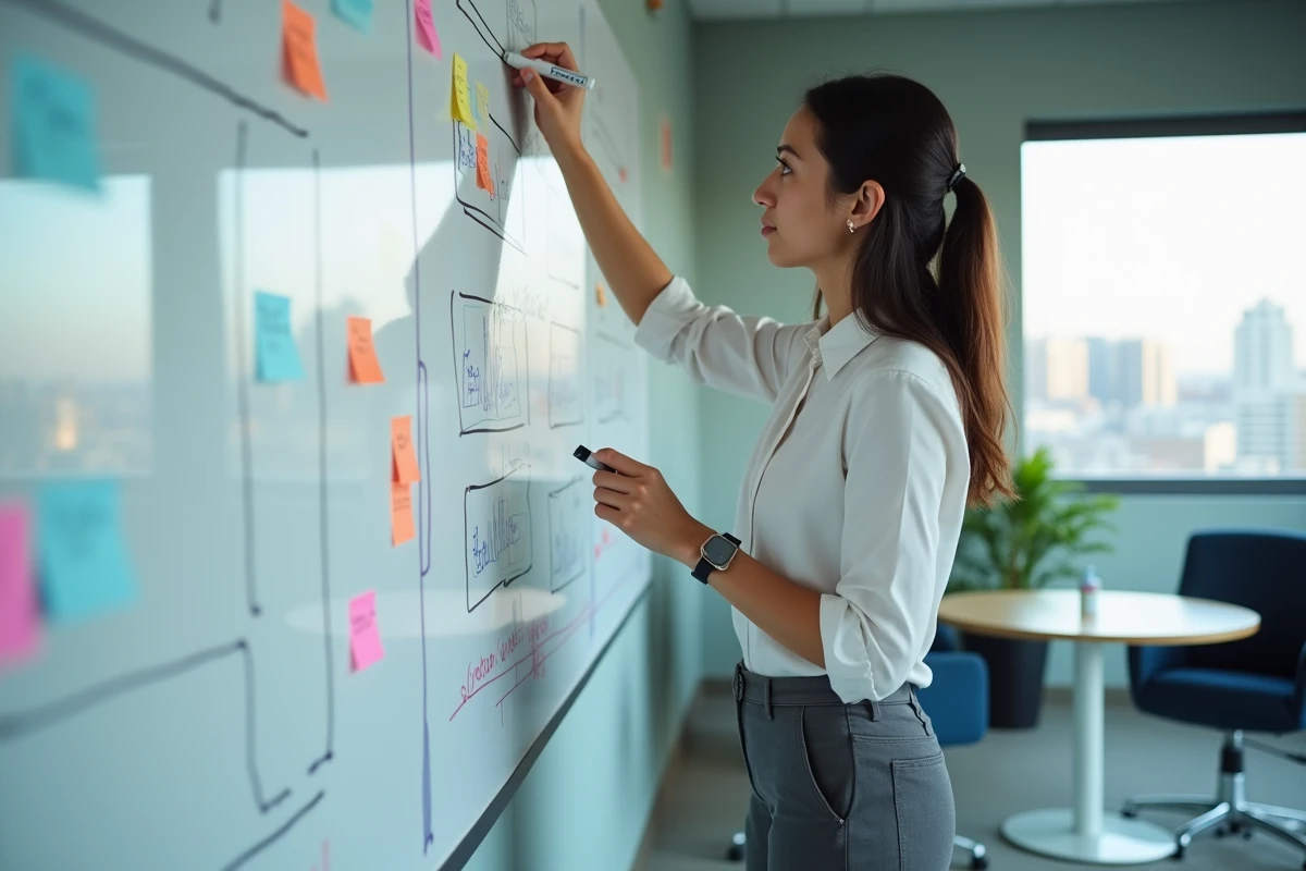 Jeune femme écrivant sur un tableau blanc dans une salle de réunion