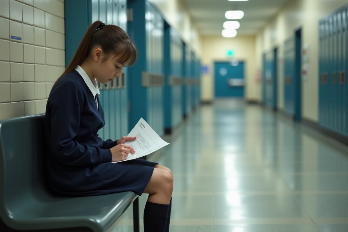 Jeune fille en uniforme dans le couloir pensant