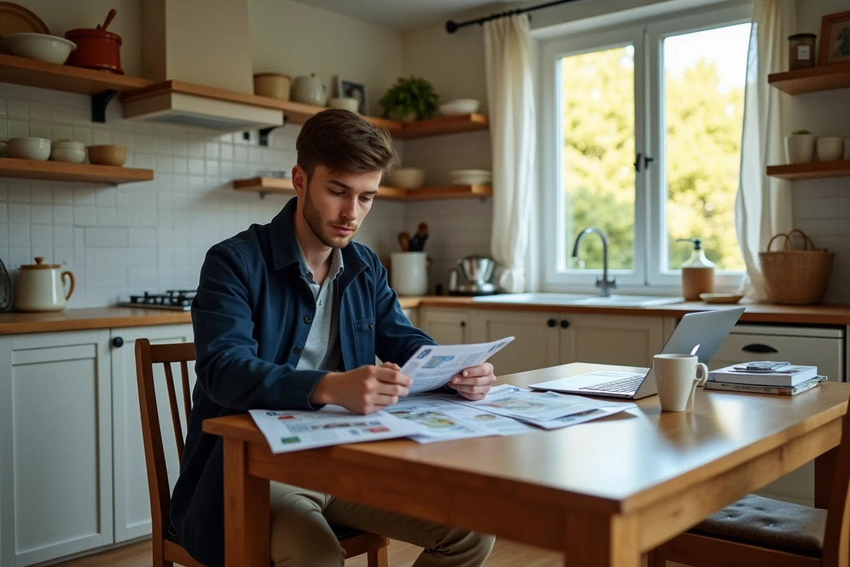 Jeune homme étudie des flyers dans sa cuisine lumineuse
