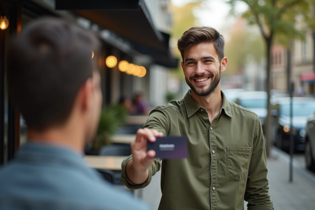 Jeune homme offrant une carte de visite dans un café en plein air