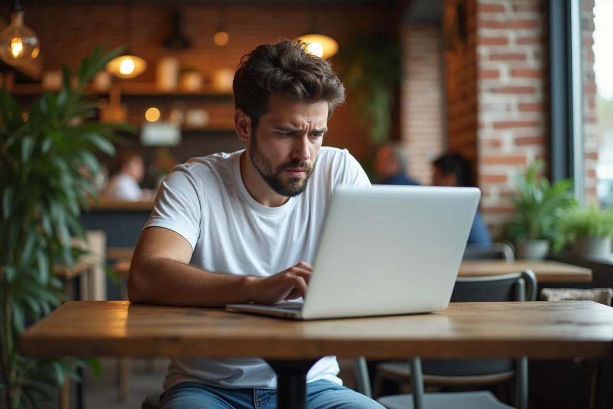 Jeune homme au café regardant son ordinateur portable