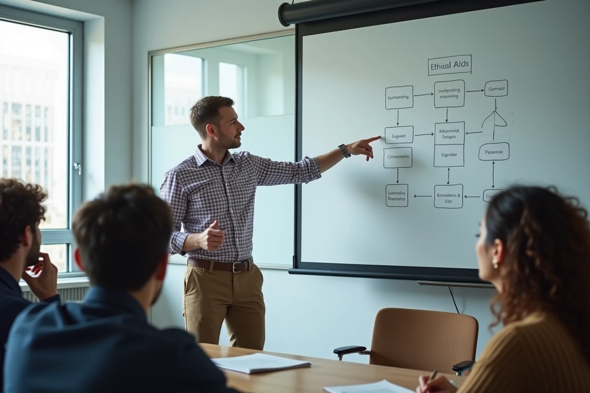 Jeune homme en classe universitaire expliquant un diagramme