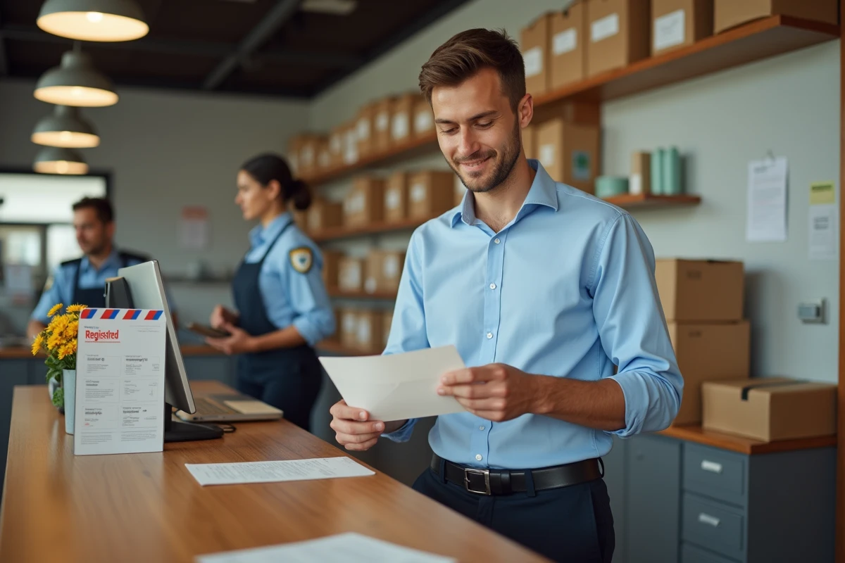 Jeune homme remplissant un formulaire à la poste
