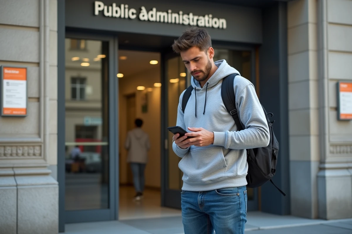 Jeune homme vérifiant son smartphone devant un bâtiment public