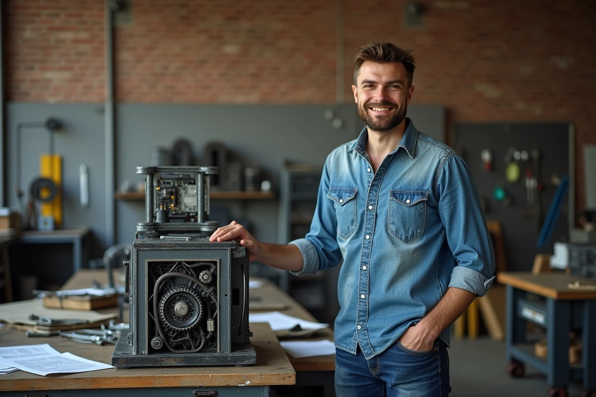 Jeune inventeur posant avec son prototype dans un atelier industriel