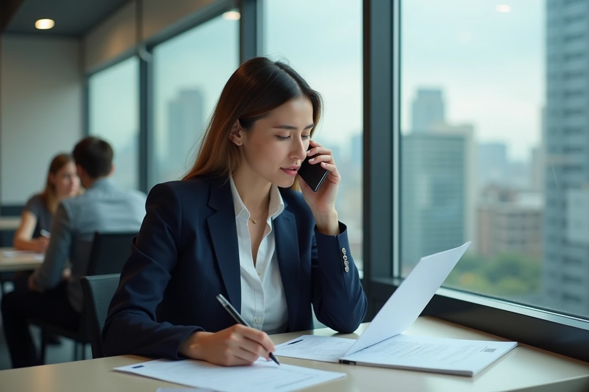 Jeune responsable RH au bureau avec skyline urbain en arrière-plan