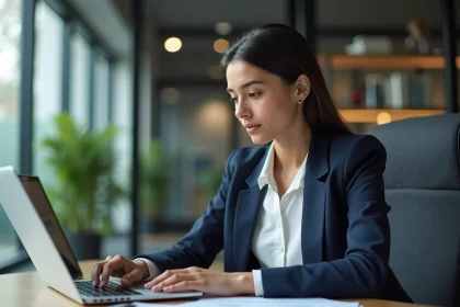 Jeune responsable presse en bureau moderne avec ordinateur