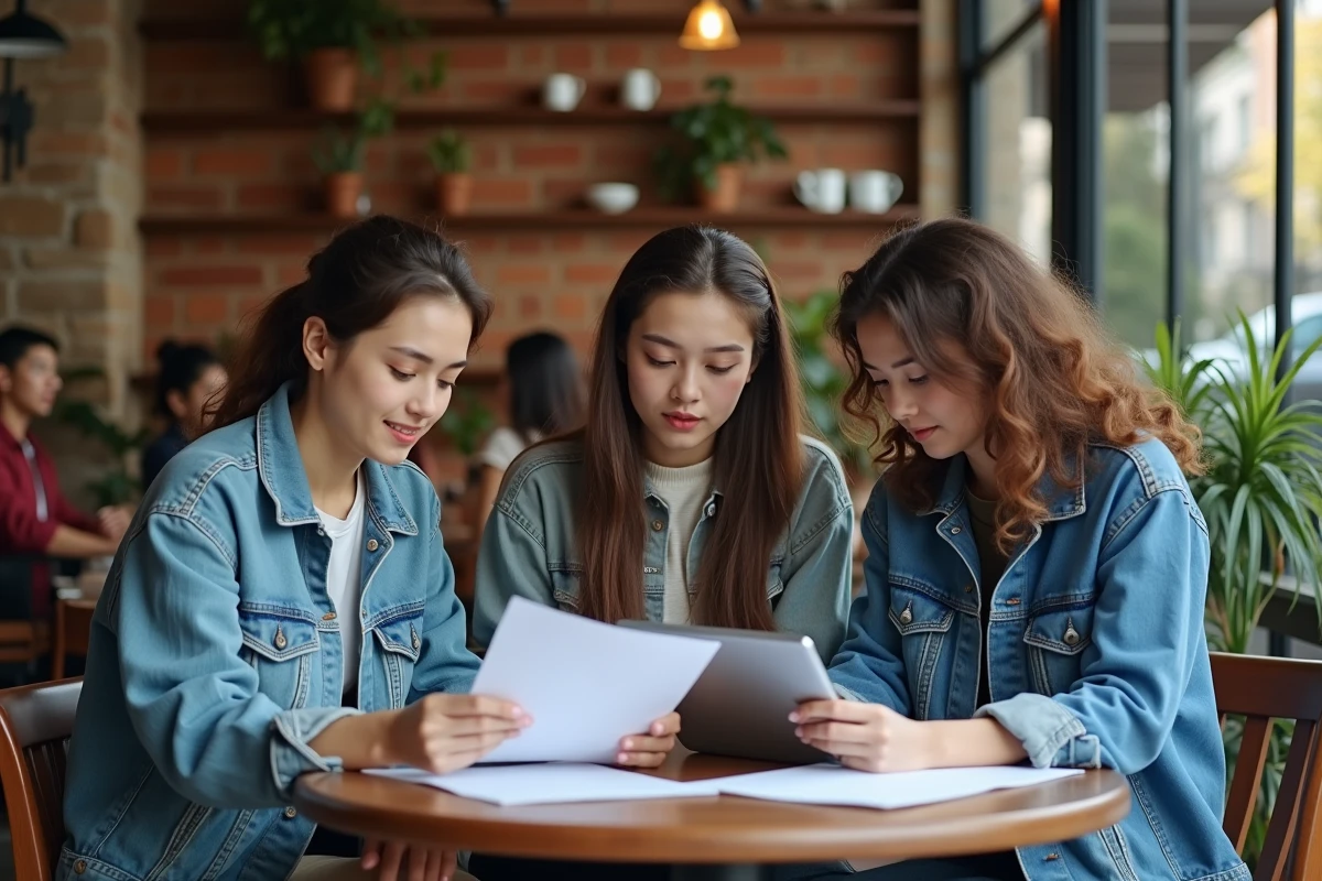 Trois jeunes adultes au café en train de lire des documents