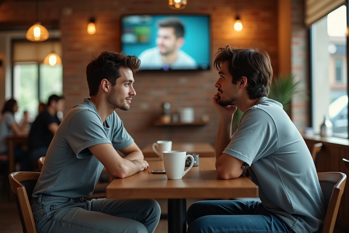 Jeunes adultes discutant dans un café en regardant la télé