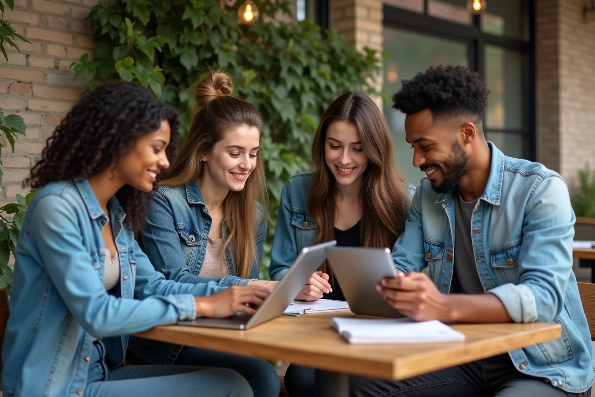 Jeunes adultes collaborant avec table en plein air