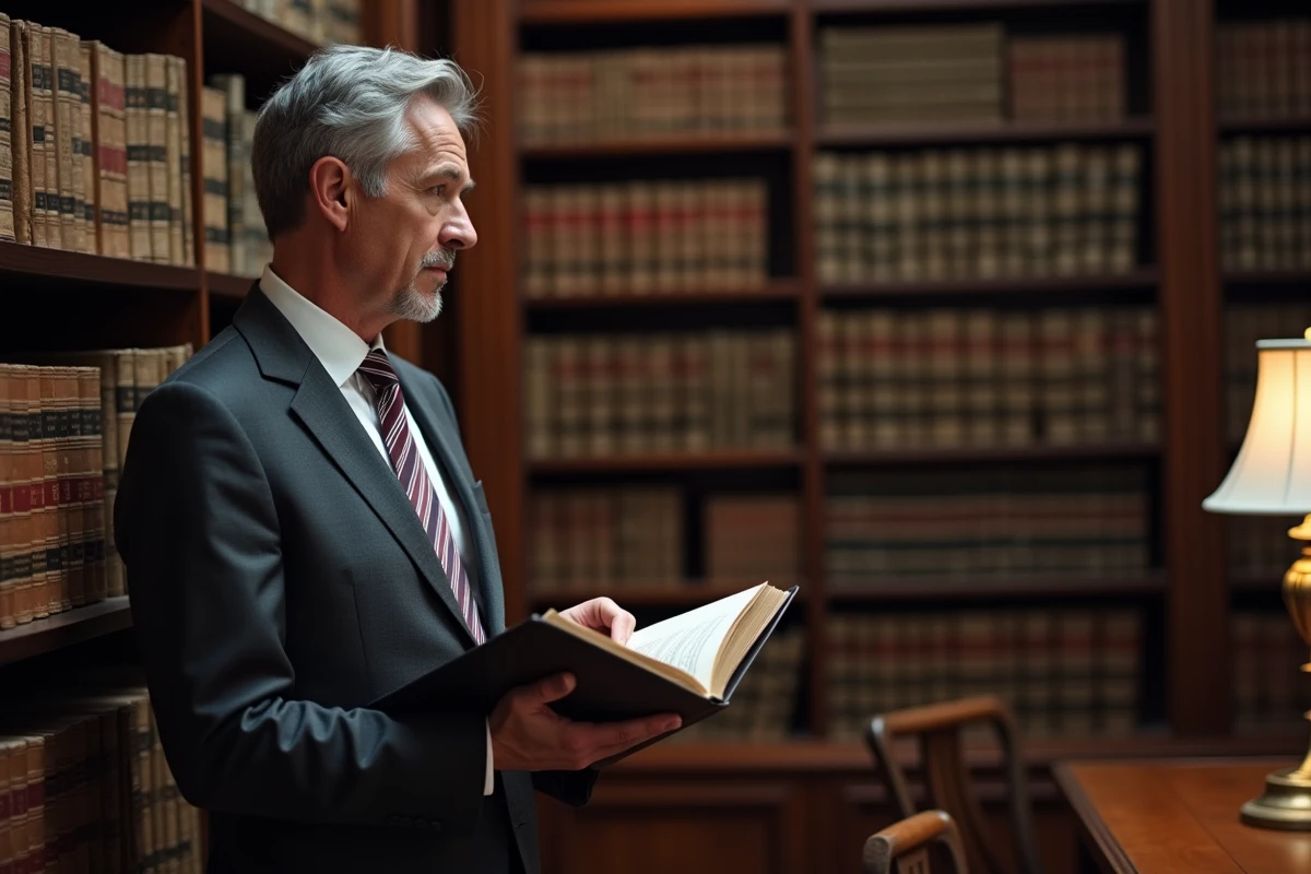 Juriste spécialisé en droit des investissements consultant un ouvrage de régulation financière dans une bibliothèque juridique