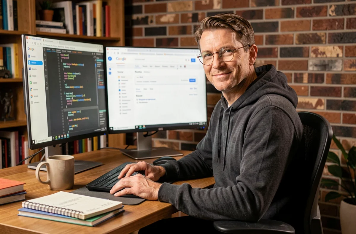 Développeur web indépendant et consultant SEO à son bureau avec Google Search Console affiché