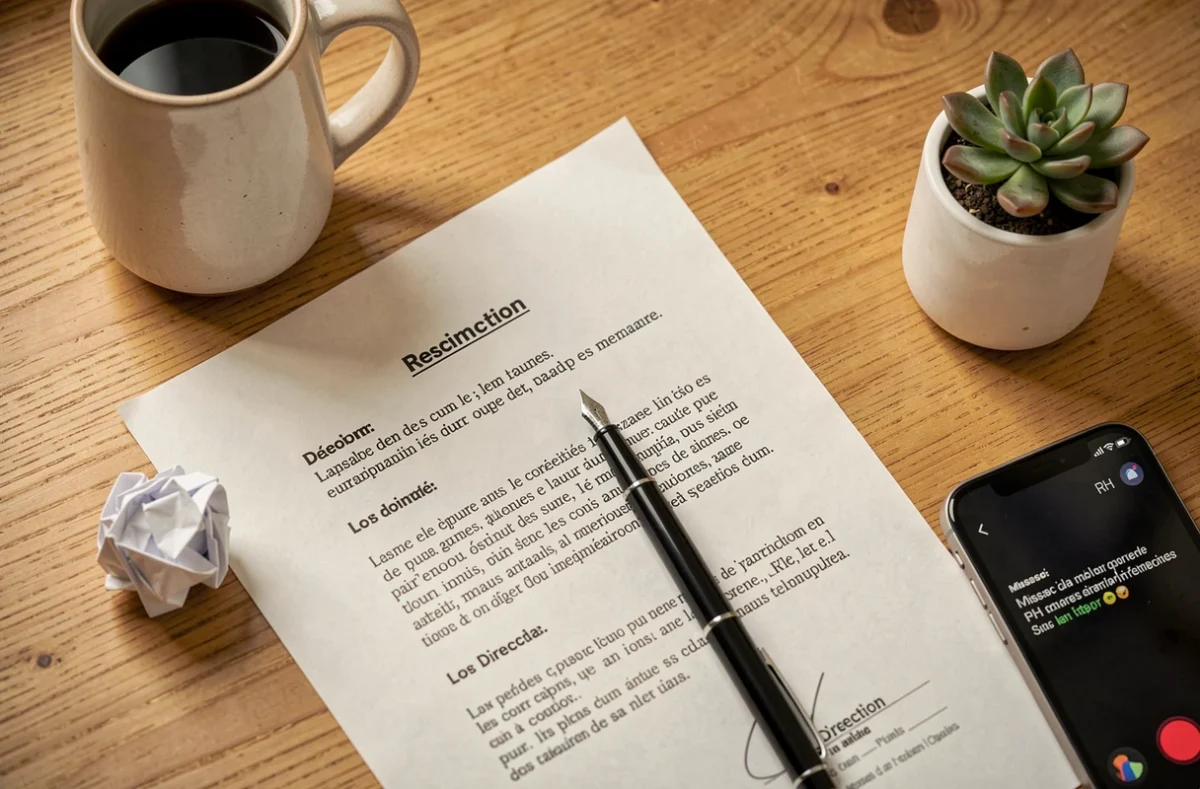 Vue en plongée d'une lettre de démission manuscrite sur un bureau avec un smartphone affichant un appel manqué des ressources humaines, symbolisant une rupture professionnelle