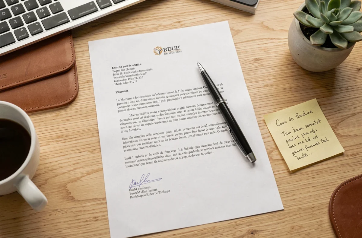 Lettre de rupture conventionnelle CDI posée sur un bureau avec stylo et notes manuscrites en vue de dessus