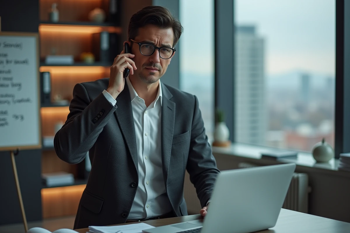 Manager en entreprise au téléphone face à un portail intranet indisponible sur son ordinateur portable