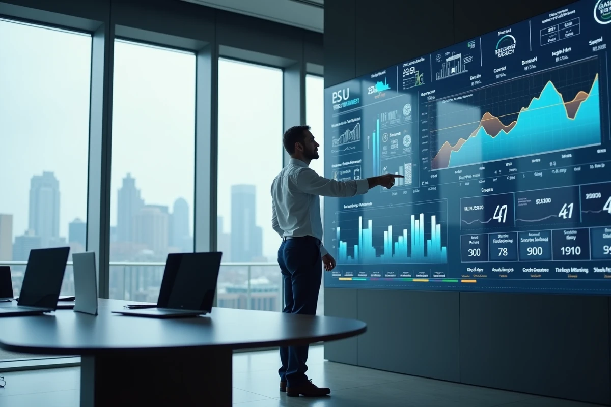 Manager présentant un tableau de bord unifié de sécurité et de reporting dans une salle de conférence d'entreprise