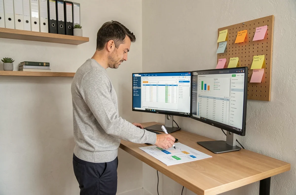 Manager en télétravail annotant un tableau de gestion du temps dans un bureau à domicile organisé