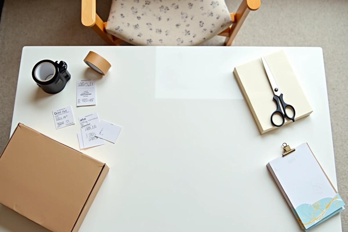 Vue aérienne des outils et matériaux d'emballage posés sur une table, travail d'emballage à domicile