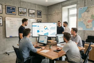 Vue d'ensemble d'une agence SEO moderne dans le Finistère avec des professionnels travaillant sur des tableaux de bord analytiques
