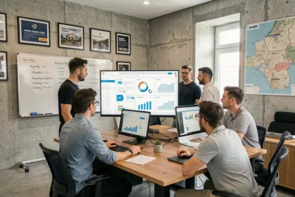 Vue d'ensemble d'une agence SEO moderne dans le Finistère avec des professionnels travaillant sur des tableaux de bord analytiques