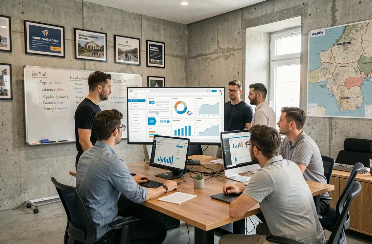 Vue d'ensemble d'une agence SEO moderne dans le Finistère avec des professionnels travaillant sur des tableaux de bord analytiques
