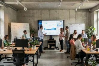 Vue large d'une agence SEO moderne dans l'Oise avec une équipe de professionnels analysant des données de référencement sur grand écran