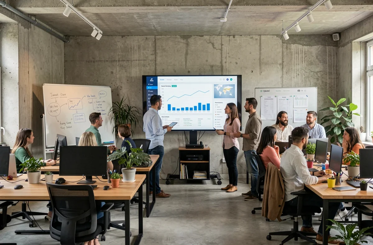 Vue large d'une agence SEO moderne dans l'Oise avec une équipe de professionnels analysant des données de référencement sur grand écran